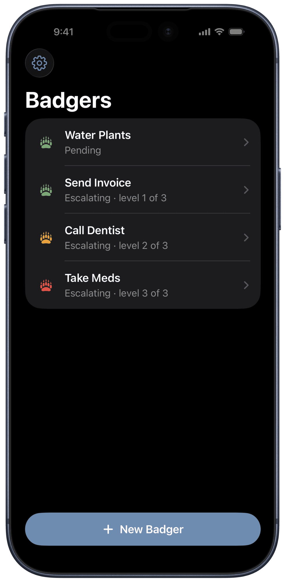The BadgerMe list showing four Badgers: Water Plants (pending), Send Invoice at level 1 of 3, Call Dentist at level 2 of 3, and Take Meds at level 3 of 3, each with a paw icon coloured by heat.