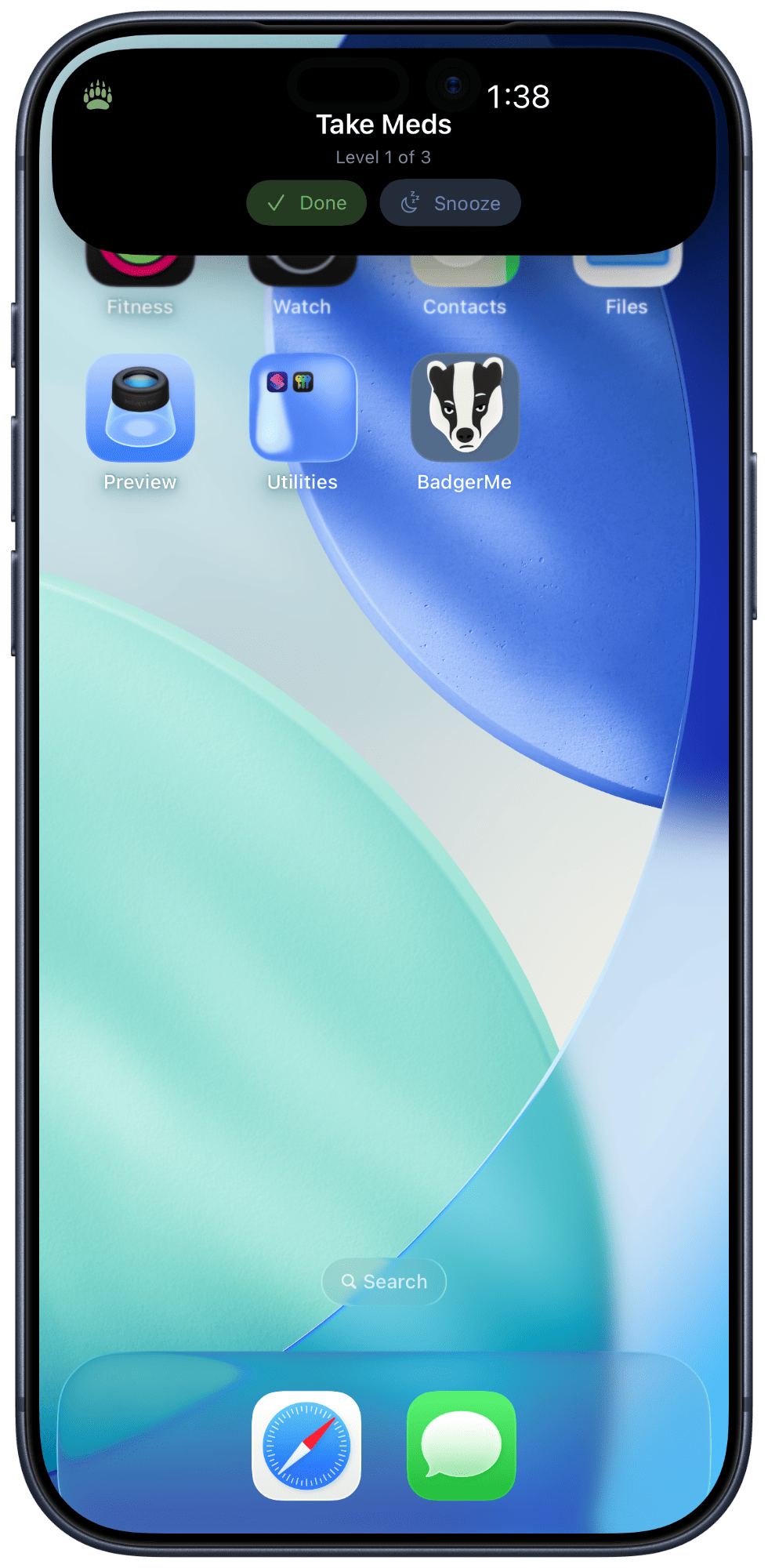 A BadgerMe Live Activity in the iPhone Dynamic Island showing Take Meds at level 1 of 3 with Done and Snooze buttons, above the Home Screen.