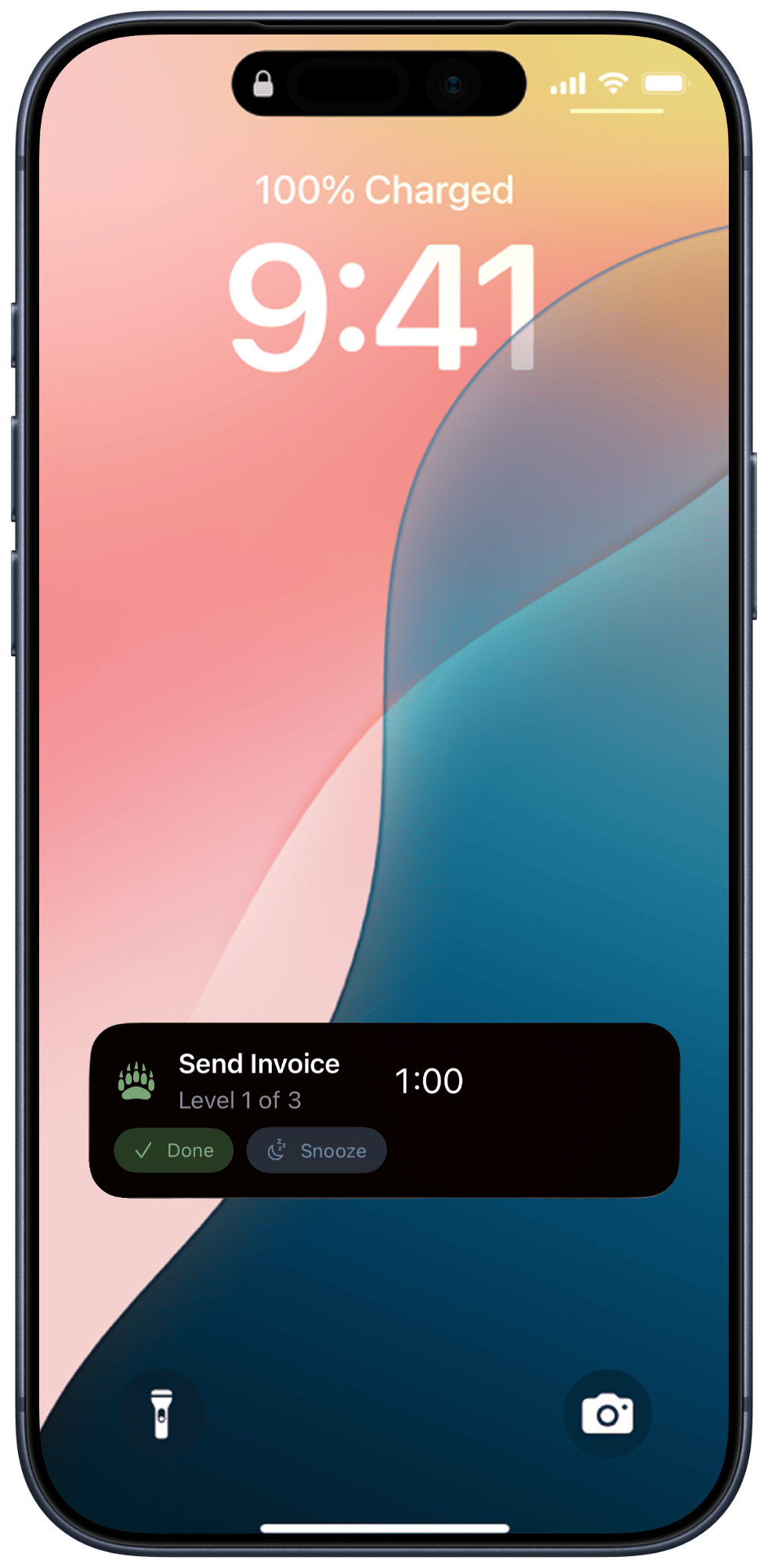 A BadgerMe Live Activity on the iPhone Lock Screen showing Send Invoice at level 1 of 3 with a one-minute countdown and Done and Snooze buttons.